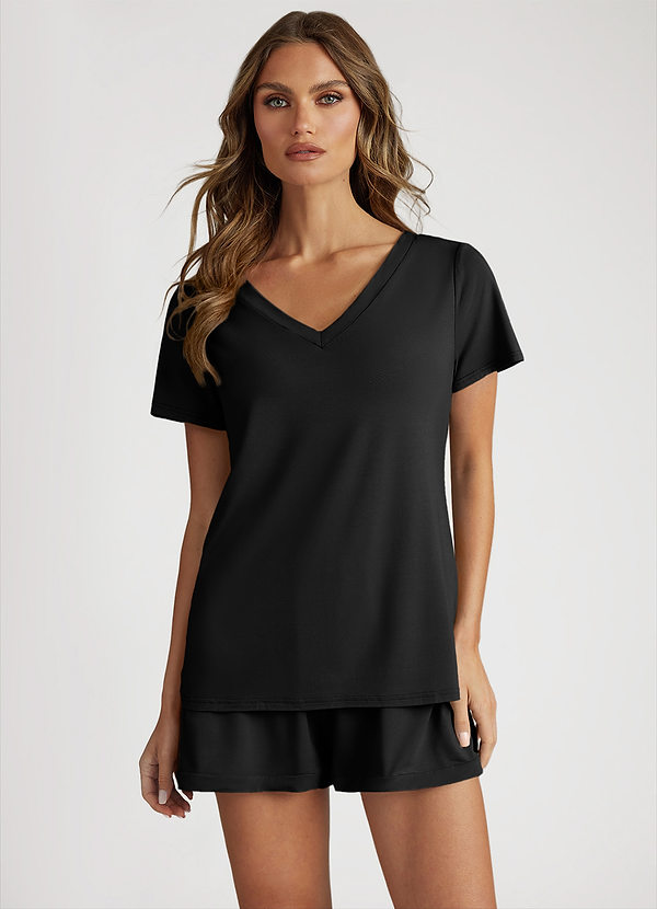 front Czarny Bamboo Fiber V-Neck T-Shirt and Shorts Pajama Set
