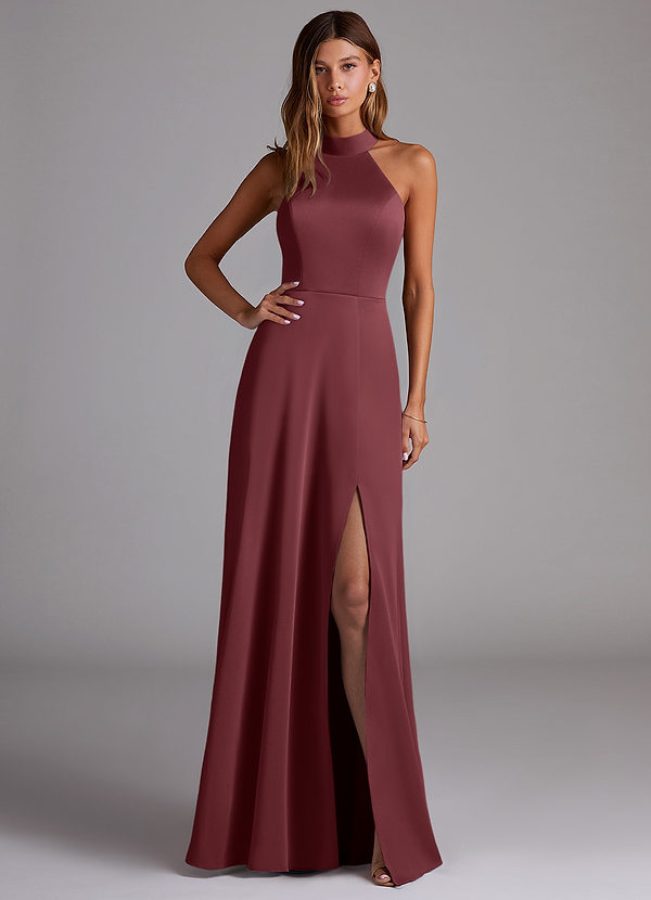 Azazie Myra Bridesmaid Dresses Merlot A-Line Side Slit Stretch Satin Dress image1