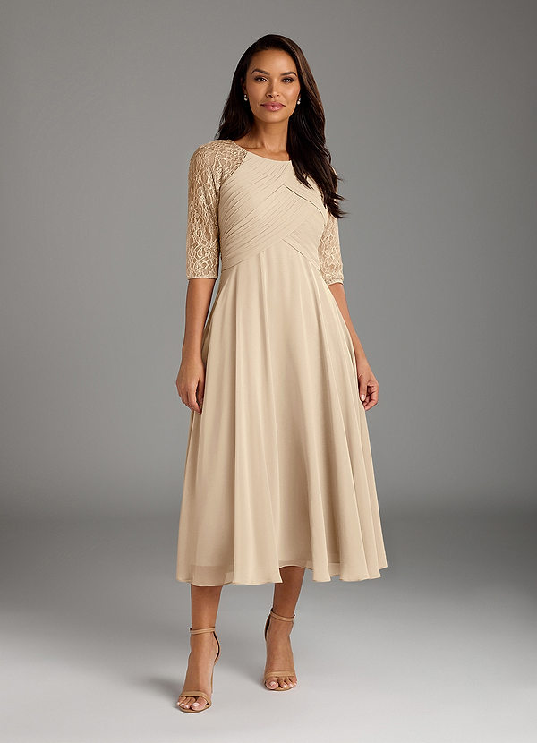 Azazie Dorothea 신부의 어머니 드레스 A라인 레이스 쉬폰 티 길이 드레스 image1