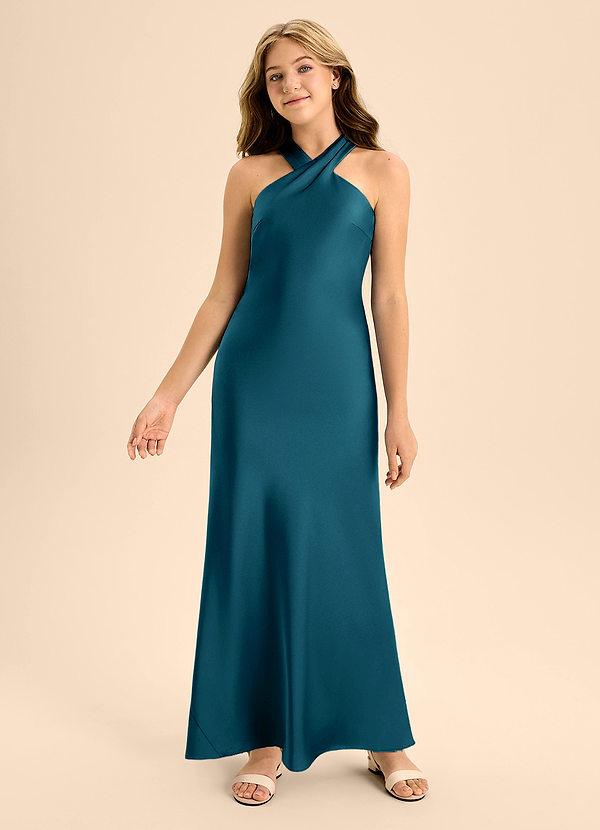 Azazie Doretta Junior Vestido de Azul Tinta de Satén Elástico de Corte En A con Plisado image1
