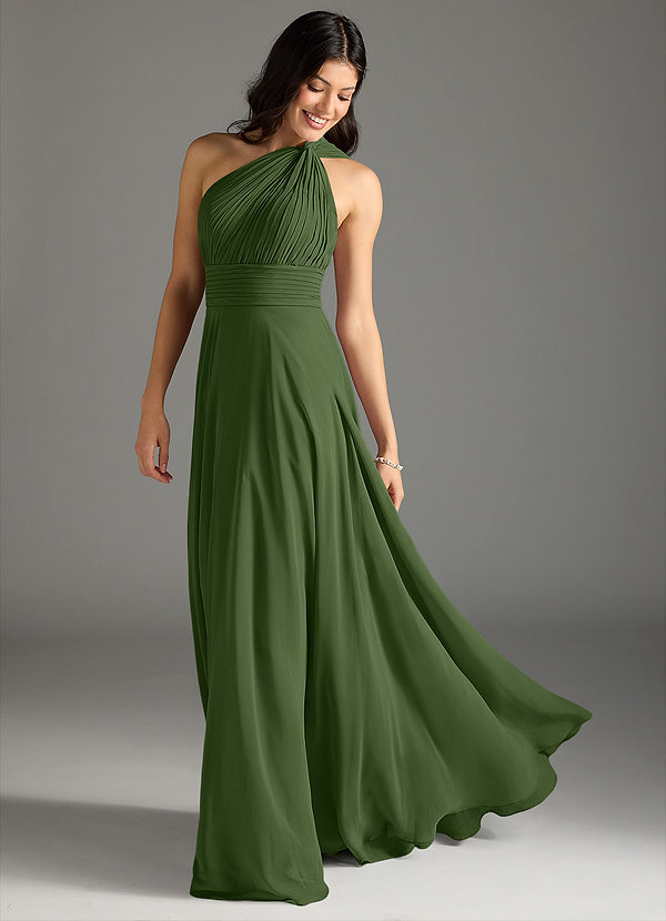 Azazie Charlize Bridesmaid Dresses Olive A-Line One Shoulder Chiffon Dress image1