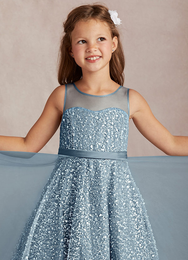 Azazie Siwa Flower Girl Dresses Dusty Blue A-Line Beaded Tulle Dress image1