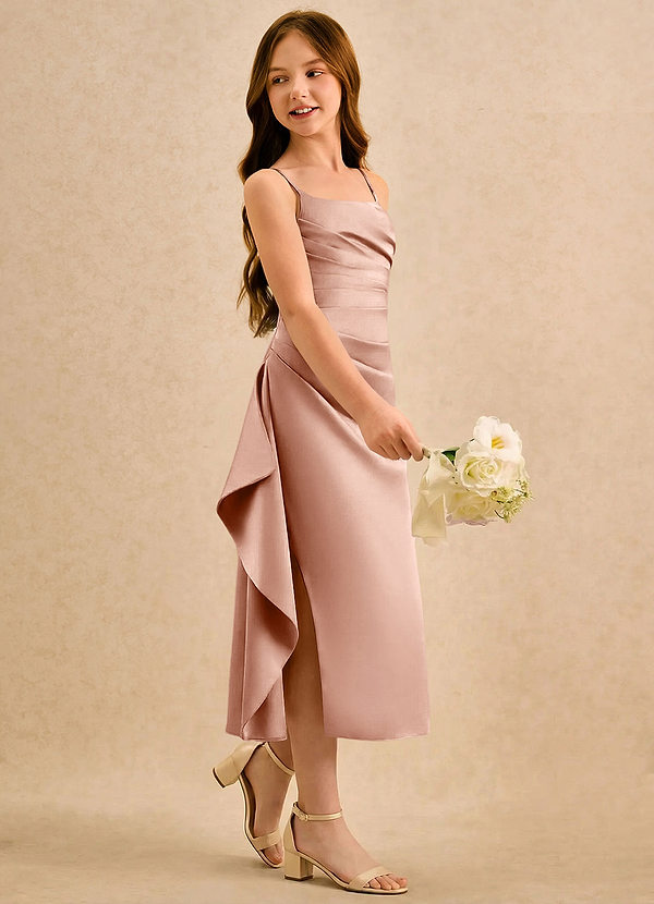 Azazie Canna Girls Formal Vestidos de Niña de Flores Vestido de Oro Rosa de Satén Elástico de Corte en A con Plisado image1