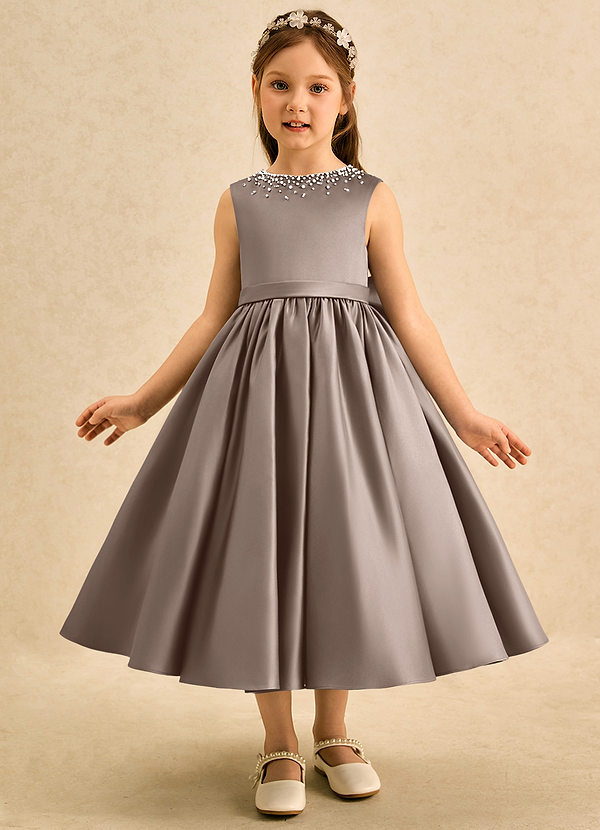 Azazie Doodle Flower Girl Dresses Taupe Ball-Gown Bow Matte Satin Dress image1