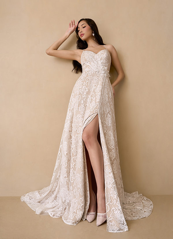 Azazie Camari Wedding Dresses A-Line Sequins Lace Chapel Train Dress image1