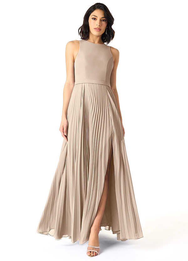Azazie Lindie Bridesmaid Dresses Taupe A-Line Scoop Pleated Chiffon Dress image1