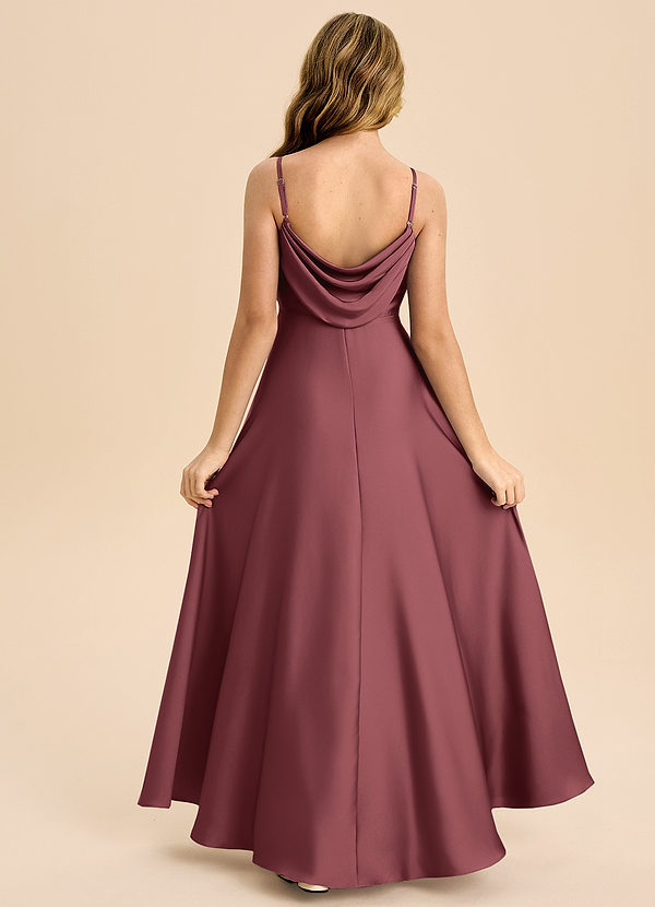 Azazie Bug Junior Robe Trapèze en Satin extensible Plissée Merlot image1