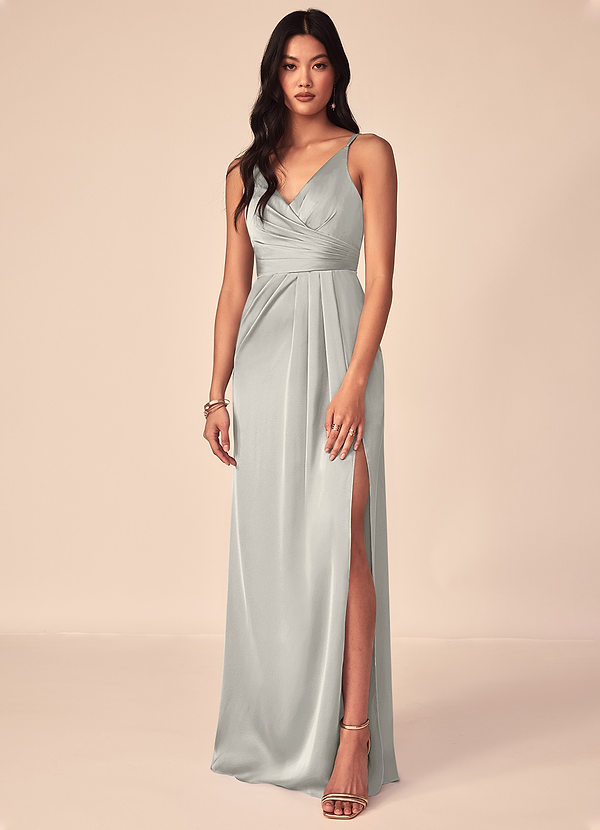 Azazie Aqua Bridesmaid Dresses A-Line V-Neck Pleated Stretch Satin Floor-Length Dress image1