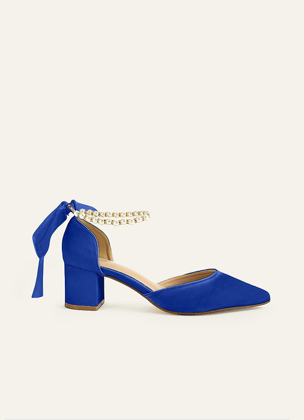 front Matching Color Matte Satin Pearl and Bow Pointed Toe Block Heels