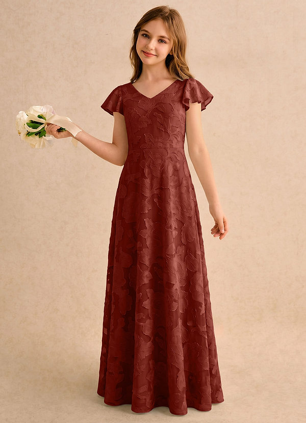 Azazie Narin Girls Formal Sukienki dla Dziewczynki Sypiącej Kwiaty Linia A z Rękawami Kwiatowe wypalenie Długość podłogi Sukienka image1