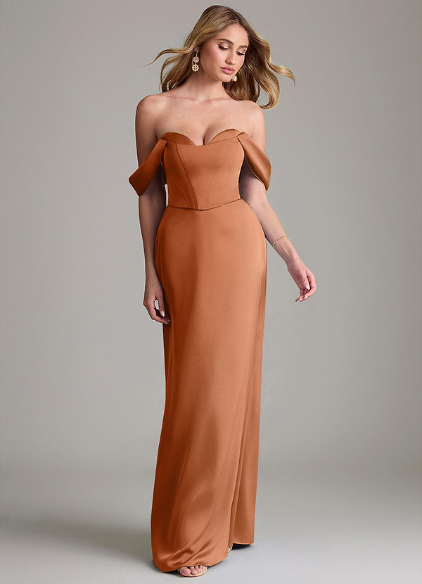 Azazie Sedona 신부 들러리 드레스 인어 오프 더 숄더 스트레치 새틴 바닥 길이 드레스 image1
