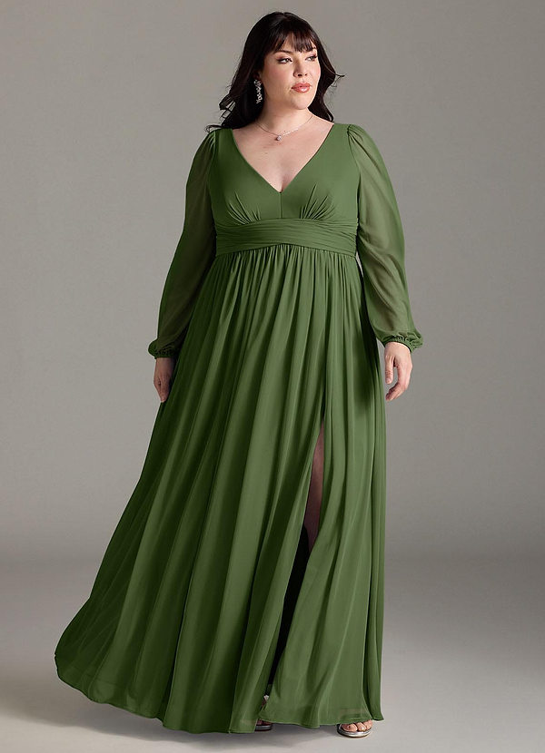 Azazie Norah Bridesmaid Dresses Olive A-Line V-Neck Long Sleeve Chiffon Dress image1