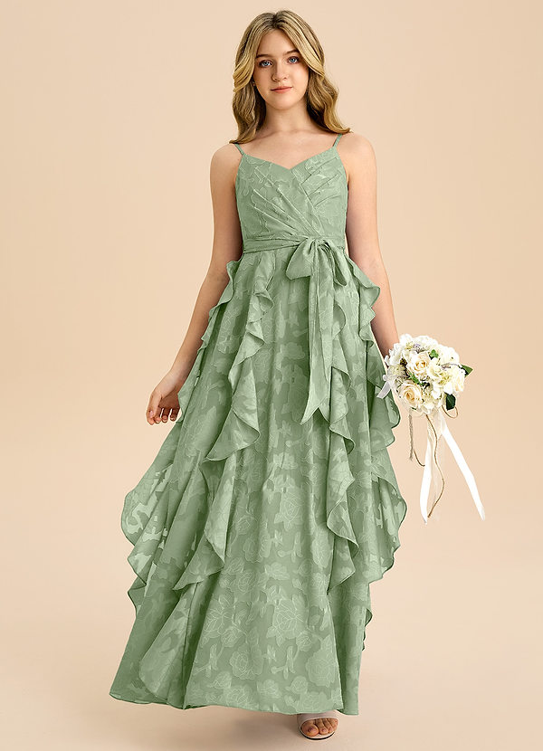 Azazie Peyton Junior Vestido de Salvia Polvorienta de Devorado Floral de Corte en A con Plisado image1