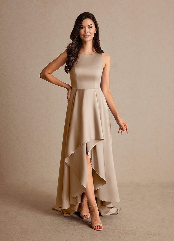 Azazie Niles Vestidos de Madre de la Novia Vestido de Gris Pardo de Satén Elástico de Corte En A con Trenes image1