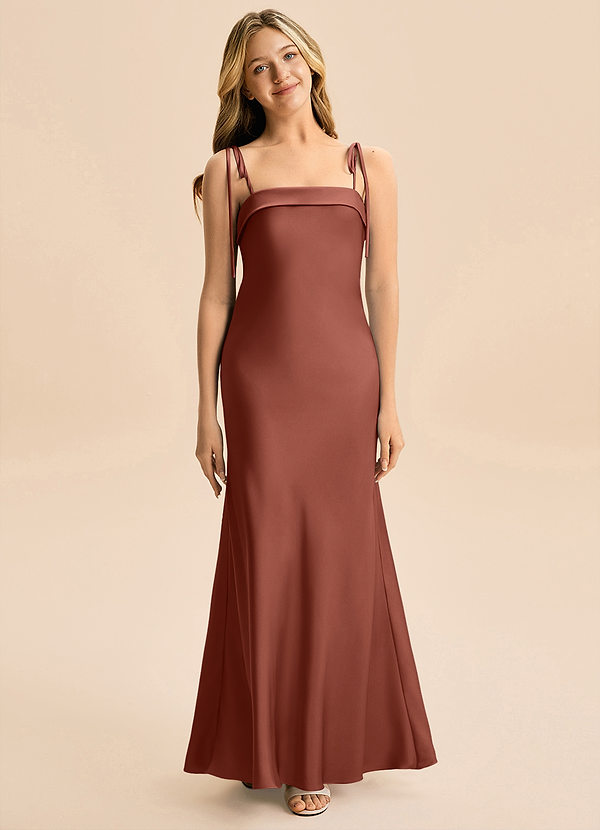 Azazie Willa Junior Auburn A-Line Bow Stretch Satin Dress image1
