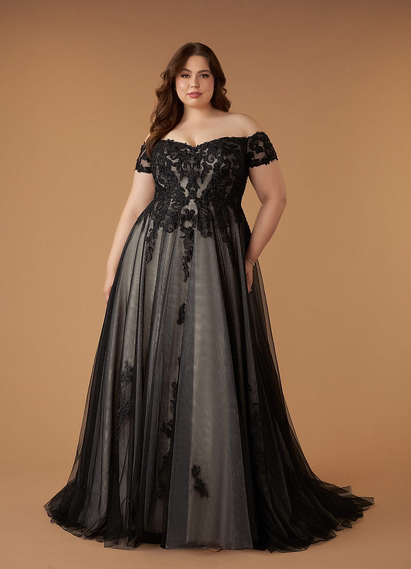 Azazie Rowe Wedding Dresses Black Champagne Ball-Gown Off the Shoulder Tulle Dress image1