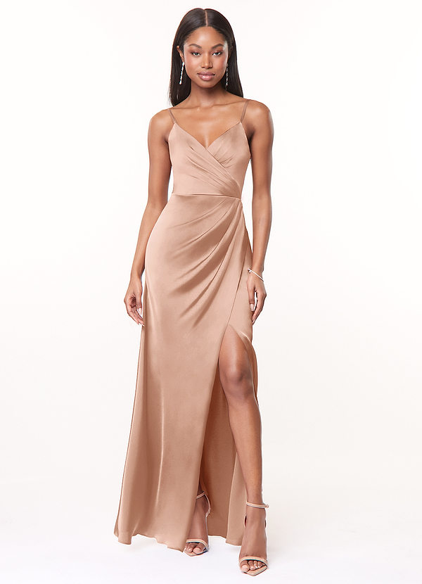 Azazie Maci Bridesmaid Dresses Rose Gold A-Line V-Neck Pleated Stretch Satin Dress image1