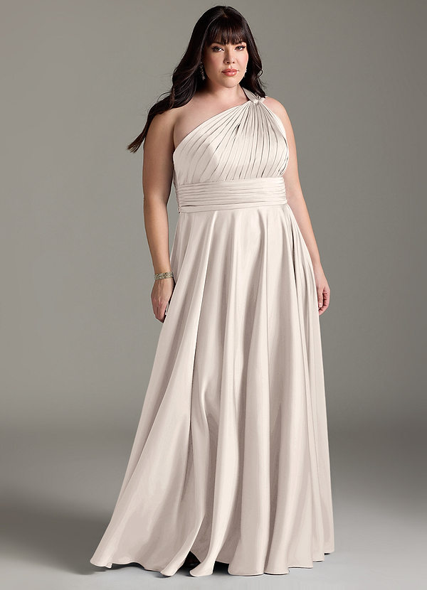 Azazie Charlize Bridesmaid Dresses White Alabaster A-Line One Shoulder Stretch Satin Dress image1