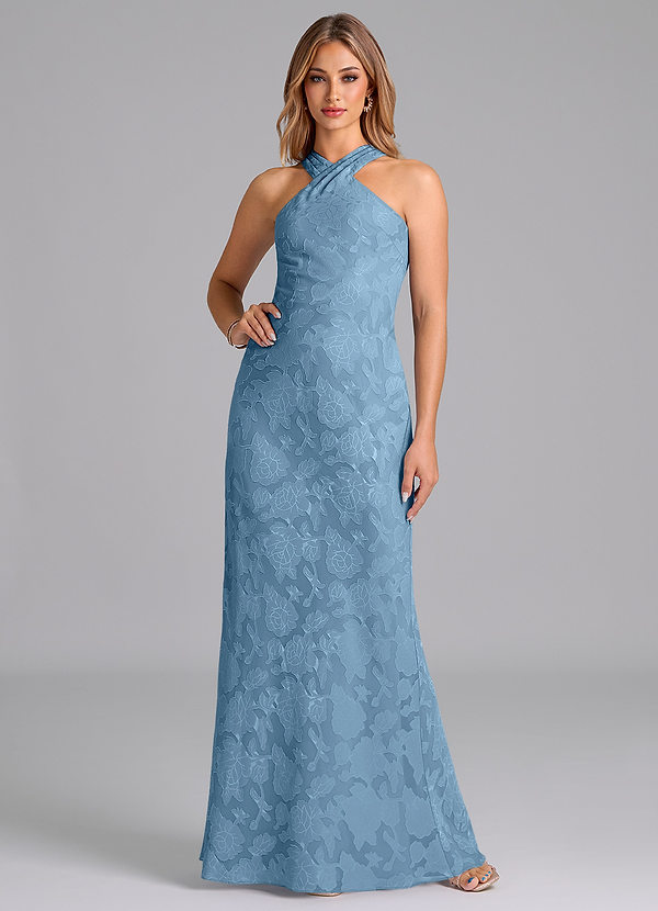 Azazie Doretta Robes Demoiselle d'honneur Robe Sirène en Blumen-Burnout Plissée Acier Bleuté image1