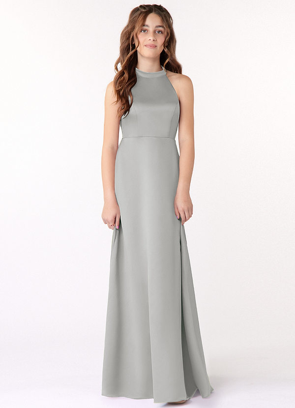 Azazie Laurel Junior Silver A-Line Stretch Satin Dress image1