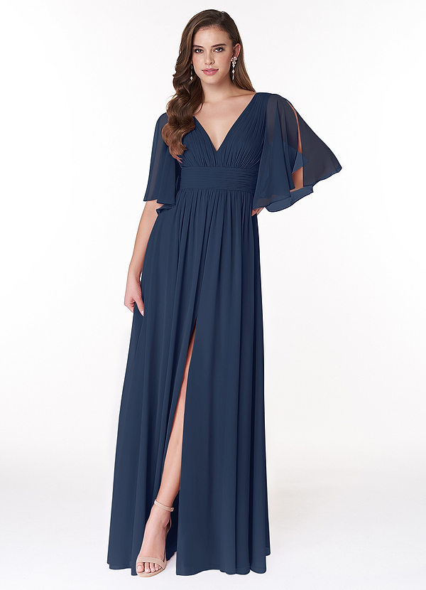 Azazie Temeka Bridesmaid Dresses Dark Navy A-Line Ruched Chiffon Dress image1