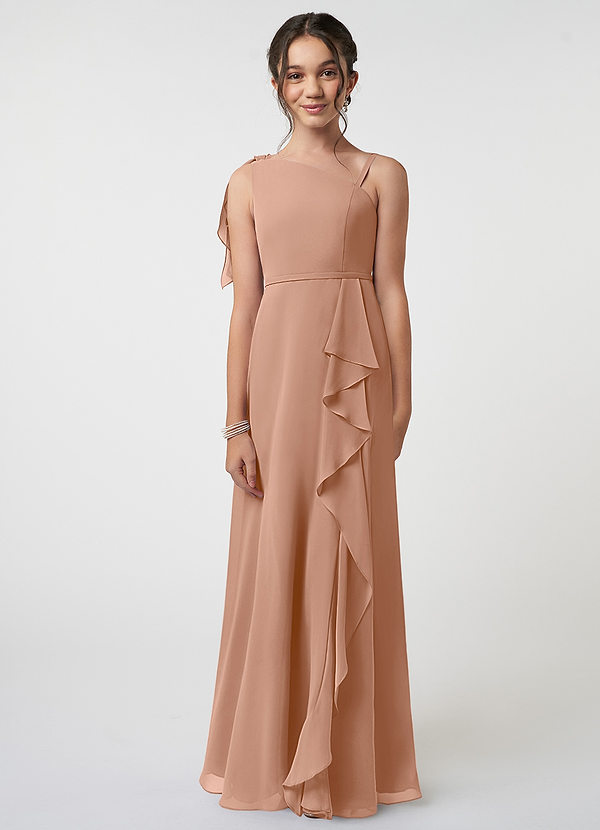 Azazie Aidy Junior Champagne Rose A-Line Bow Chiffon Dress image1