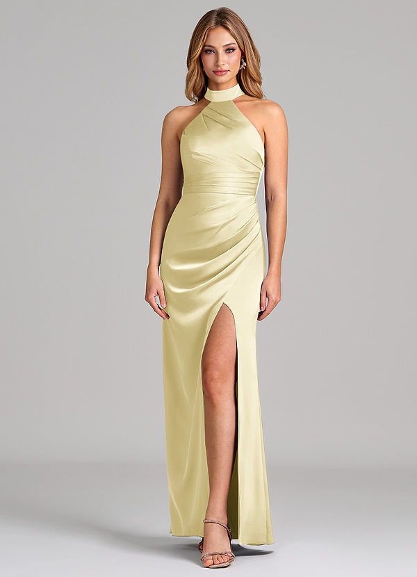 Azazie Karlotta Bridesmaid Dresses Lemon Sorbet Sheath Pleated Stretch Satin Dress image1