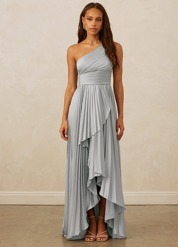 Christian Siriano Bridal for Azazie 1008 Bridesmaid Dresses Silver A-Line One Shoulder Stretch Satin Dress image1