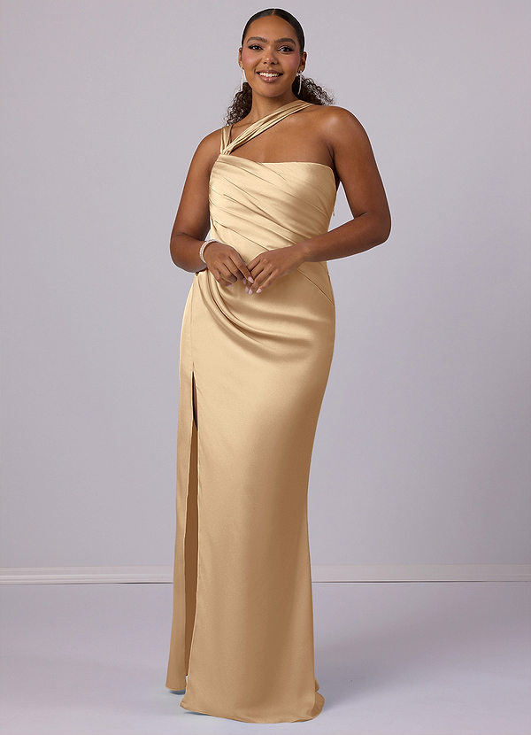 Barbie ♥ Azazie Bridesmaid Dresses Champagne Mermaid One Shoulder Stretch Satin Dress image1