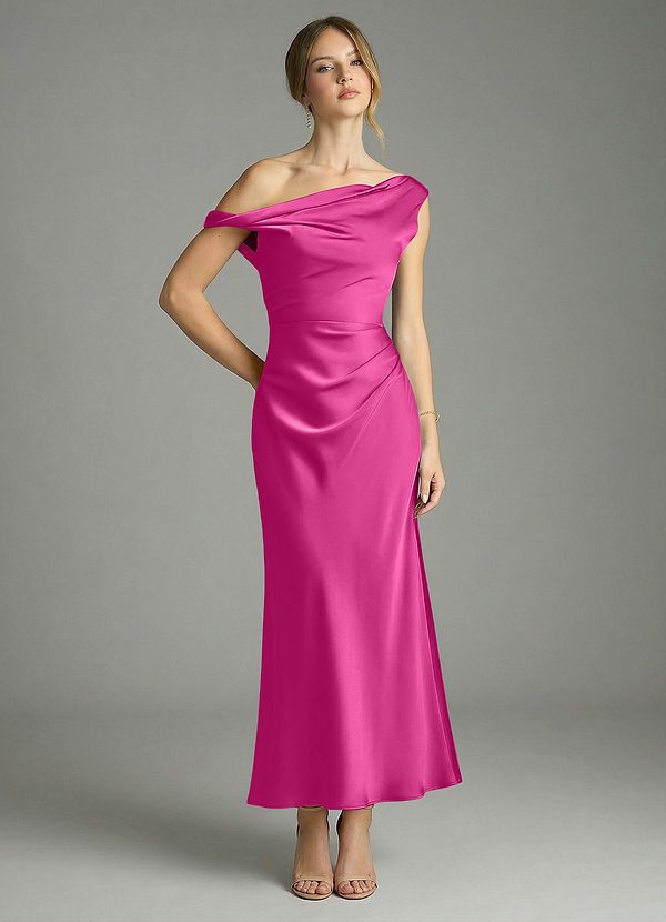 Azazie Emerson Robes de demoiselle d'honneur Robe Sirène en Satin extensible Épaule décolletée Fuchsia image1