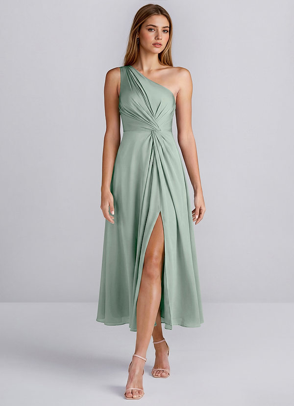 Hermine Agave Green One Shoulder Satin Slit Midi Dress image1