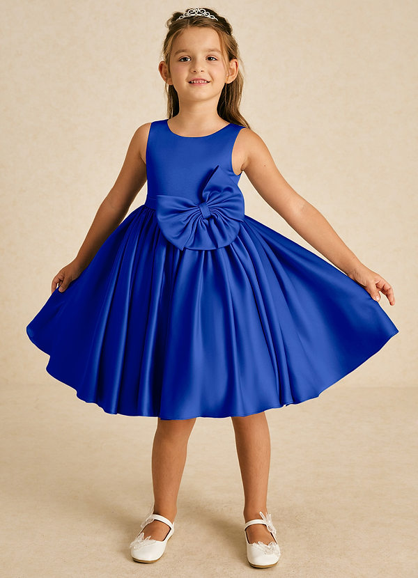 Azazie Apple Flower Girl Dresses Royal Blue A-Line Bow Matte Satin Dress image1