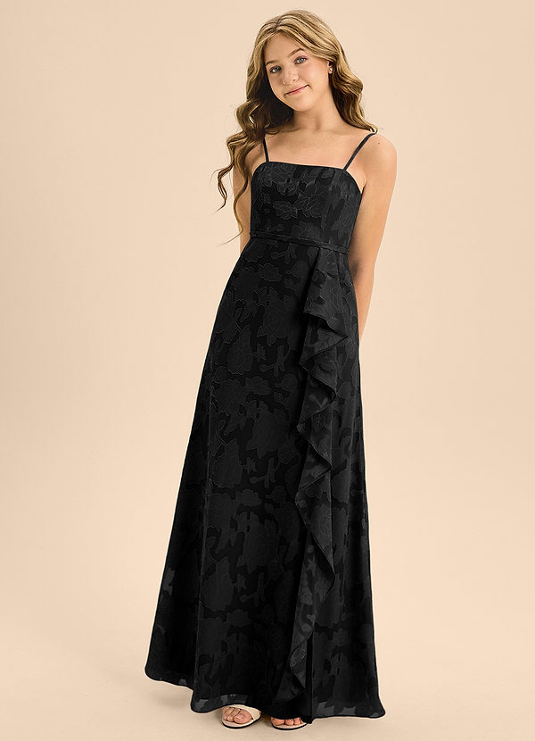 Azazie Kaylee Junior Black A-Line with Belt Floral Burnout Dress image1