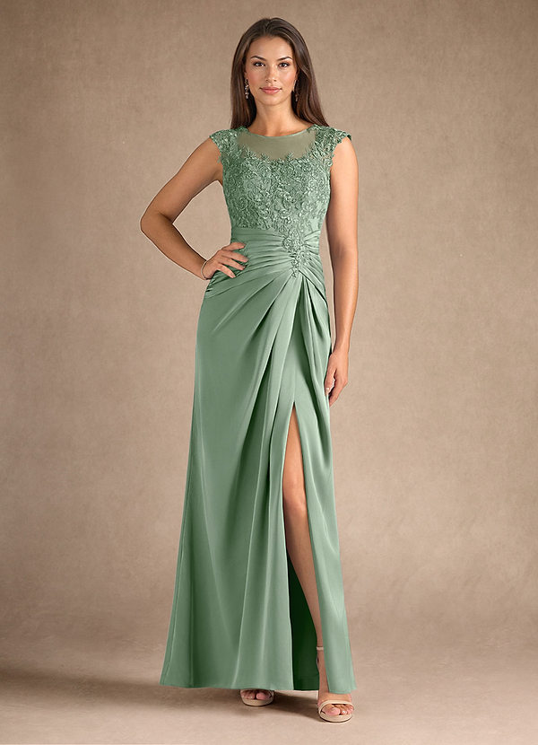 Azazie Santa Barbara Mother of the Brides Dresses Matcha Sheath Pleated Stretch Satin Dress image1