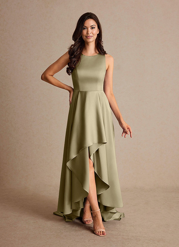 Azazie Niles Vestidos de Madre de la Novia Vestido de Musgo Verde de Satén Elástico de Corte En A con Trenes image1