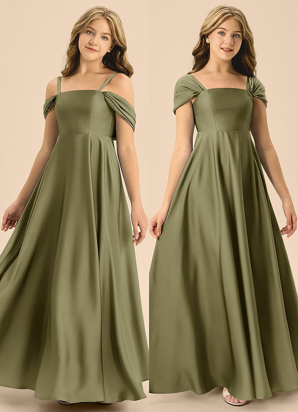 Azazie Rowena Junior A라인 절하다 스트레치 새틴 플로어 길이 주니어 신부 들러리 드레스 image1