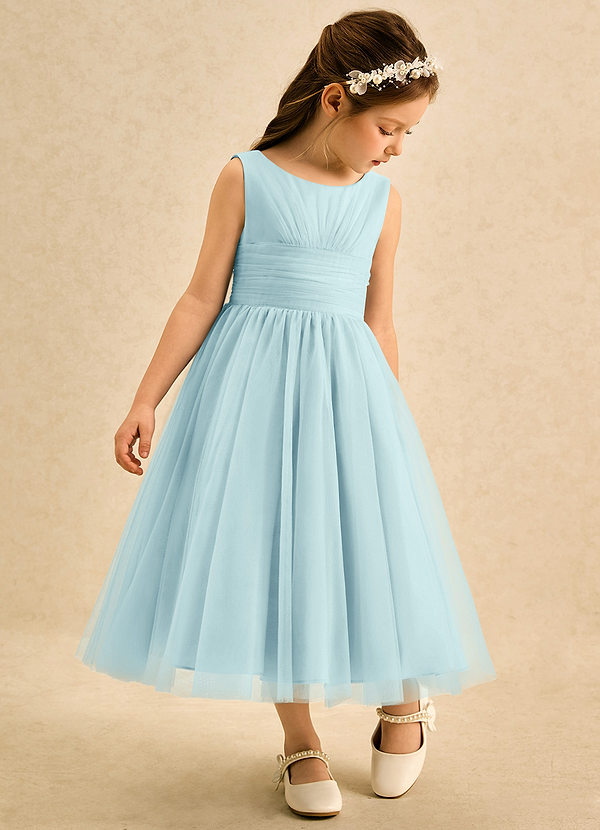 Azazie Macaron Abiti da Ragazza di Fiori Abito A-Line in Tulle Plissettato Sea Glass image1