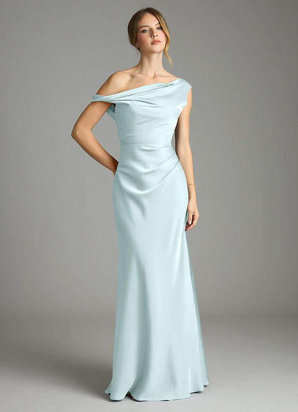 Azazie Emerson Bridesmaid Dresses Sea Glass Mermaid Off the Shoulder Stretch Satin Dress image1