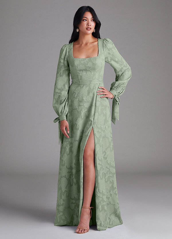 Azazie Leonia Brautjungfernkleider A-Linie Langarm Blumen-Burnout Kleid Agave image1