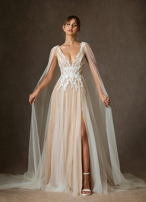 Azazie Goddess Brautkleider A-Linie V-Hals Pailletten Tüll Kleid Diamantweiß Sand image1