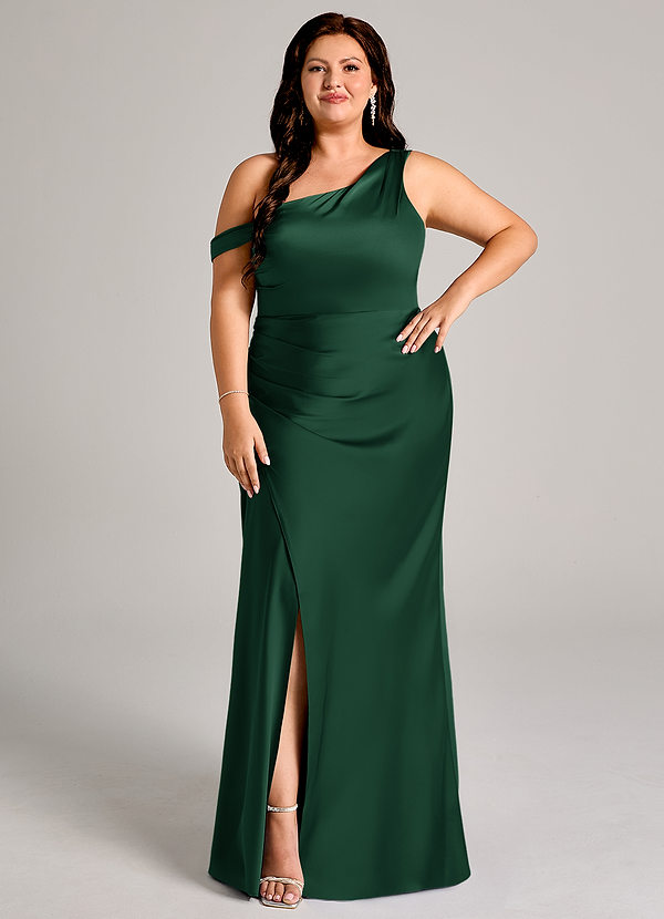 Azazie Madelyn Bridesmaid Dresses Dark Green Mermaid One Shoulder Stretch Satin Convertible Dress image1