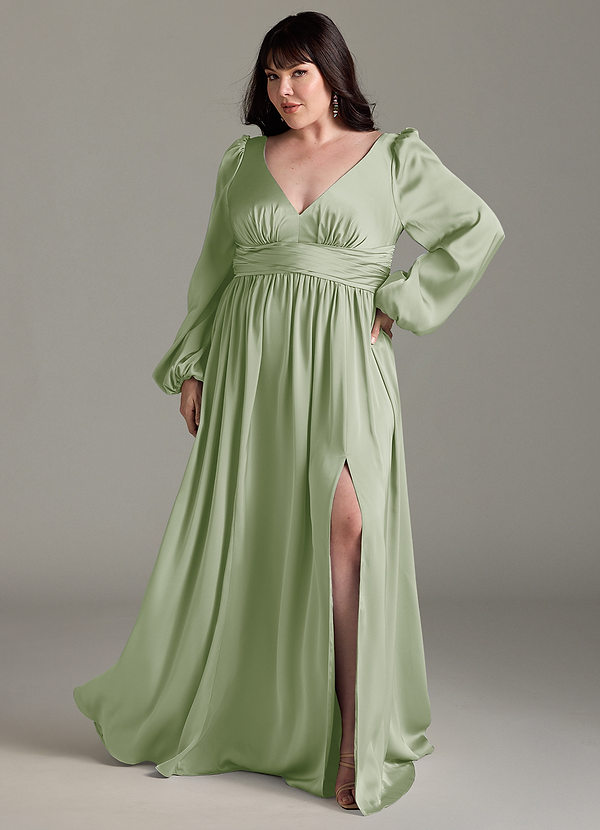 Azazie Norah Robes Demoiselle d'honneur Robe Trapèze en Satin extensible Vert Sauge image1