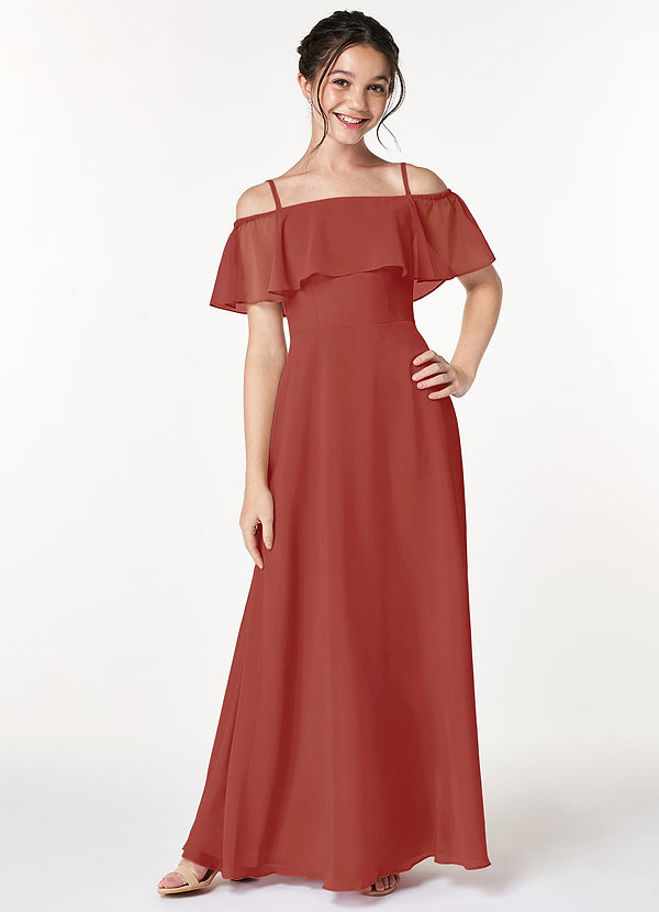 Azazie Maggie Junior Terracotta A-Line Off the Shoulder Chiffon Dress image1