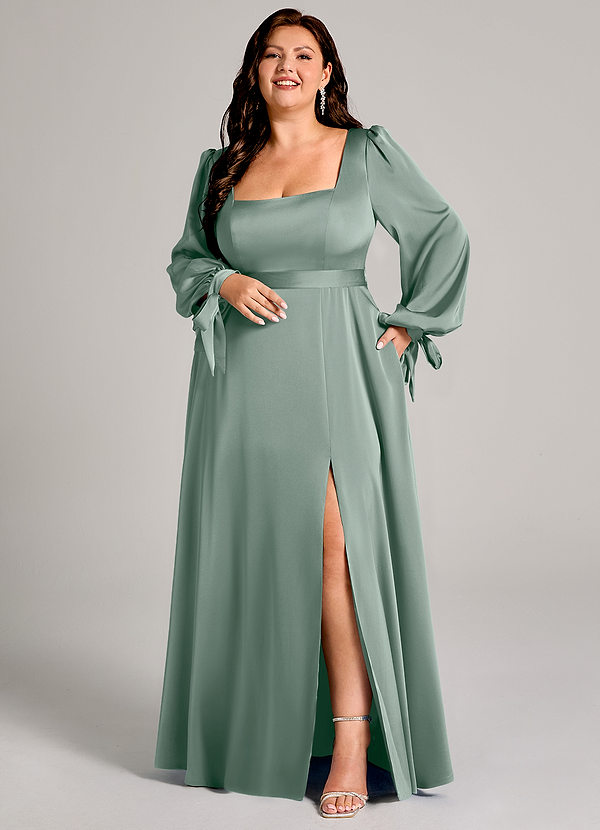 Azazie Leonia Bridesmaid Dresses Silver Sage A-Line Long Sleeve Stretch Satin Dress image1