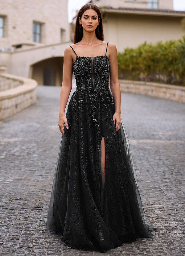 Veila Black Applique Tulle Prom Dress image1