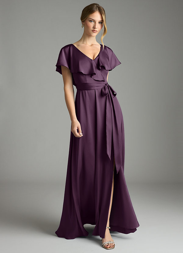 Azazie Lainey Bridesmaid Dresses Plum A-Line with Pockets Stretch Satin Dress image1