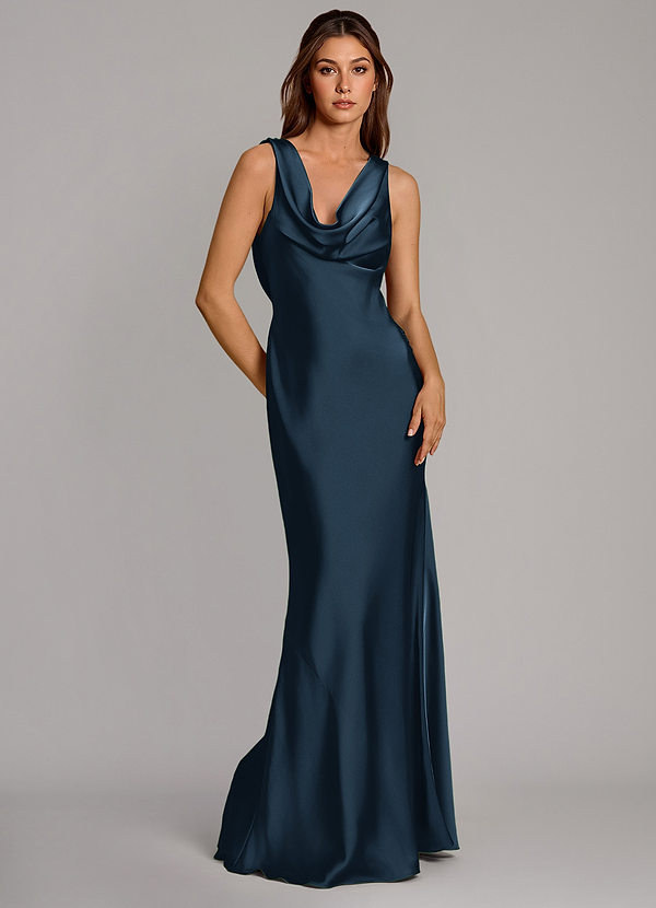 Azazie Cheryl Vestidos de dama de honor Vestido Azul Marino Oscuro de Satén Elástico de Corte Sirena image1