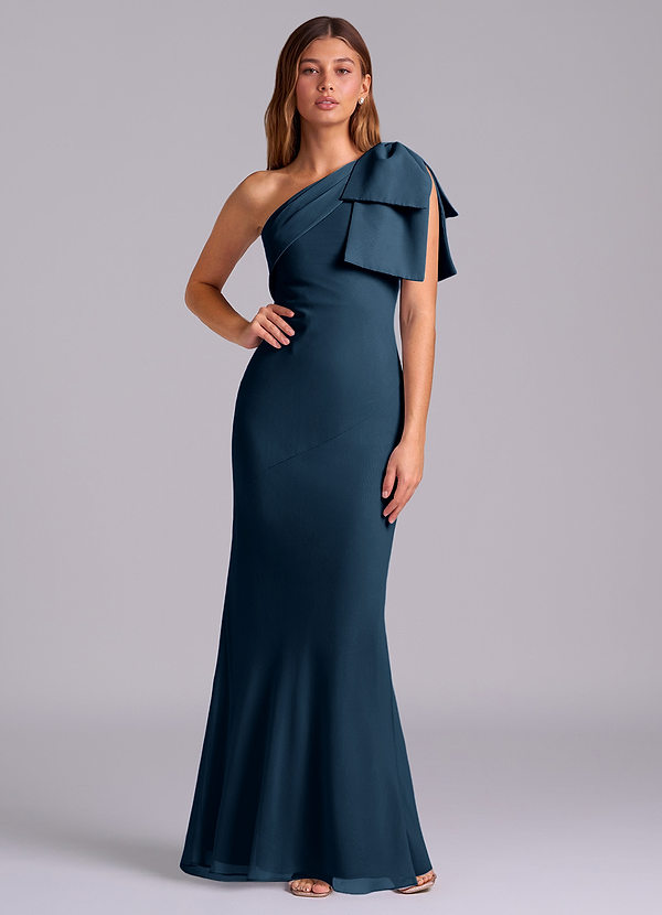 Azazie Yuanna Bridesmaid Dresses Dark Navy Mermaid One Shoulder Chiffon Dress image1
