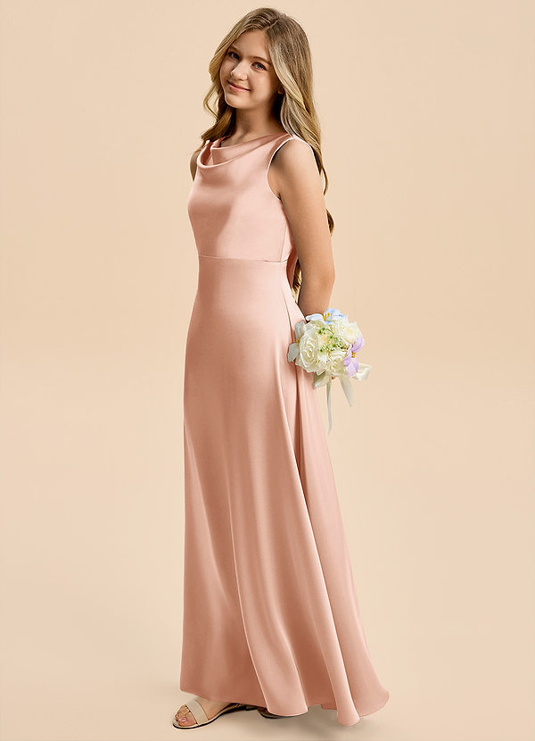 Azazie Kiki Junior Rose Gold A-Line Bow Stretch Satin Dress image1