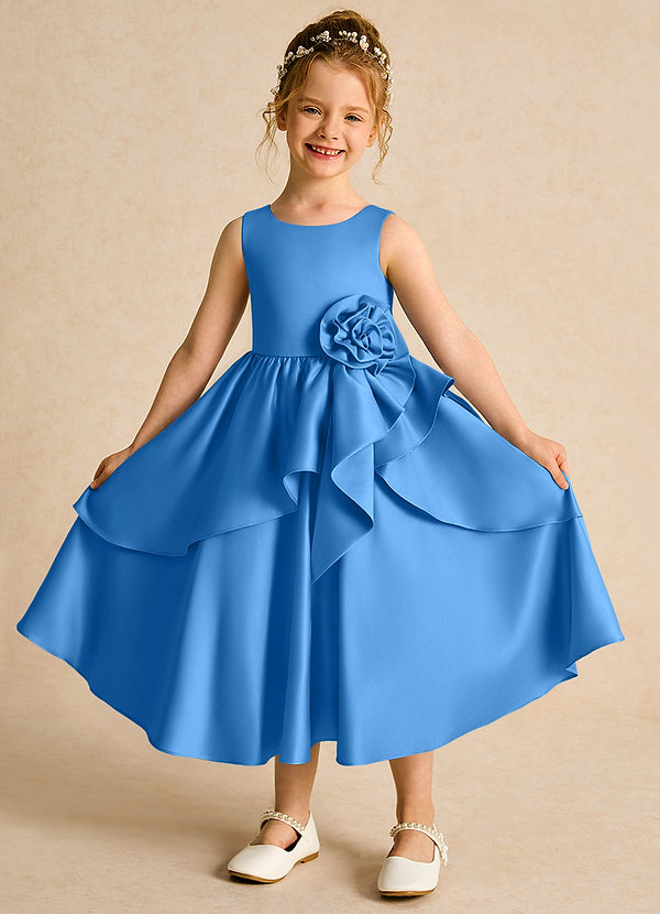 Azazie Hermia Blumenkinder Kleider A-Linie ärmellos Matte Satin Kleid Blauhäher image1